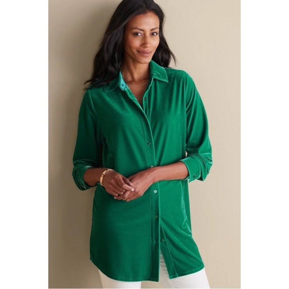 Soft Surroundings Emerald Green Velvet Button Down Tunic Top XL 2PW39